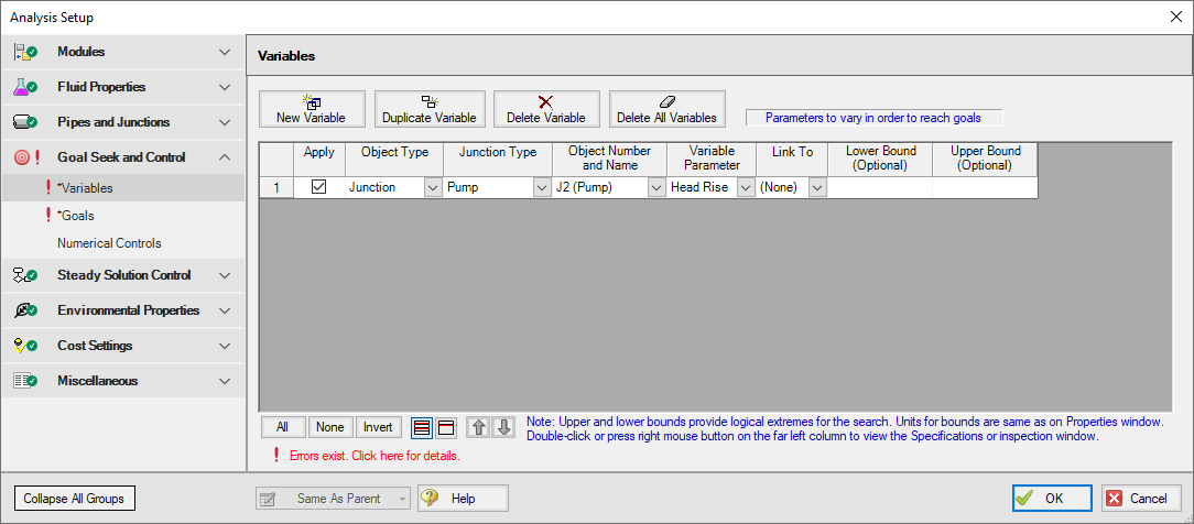 The Variables tab of the Goal Seek and Control Manager window with one variable defined.